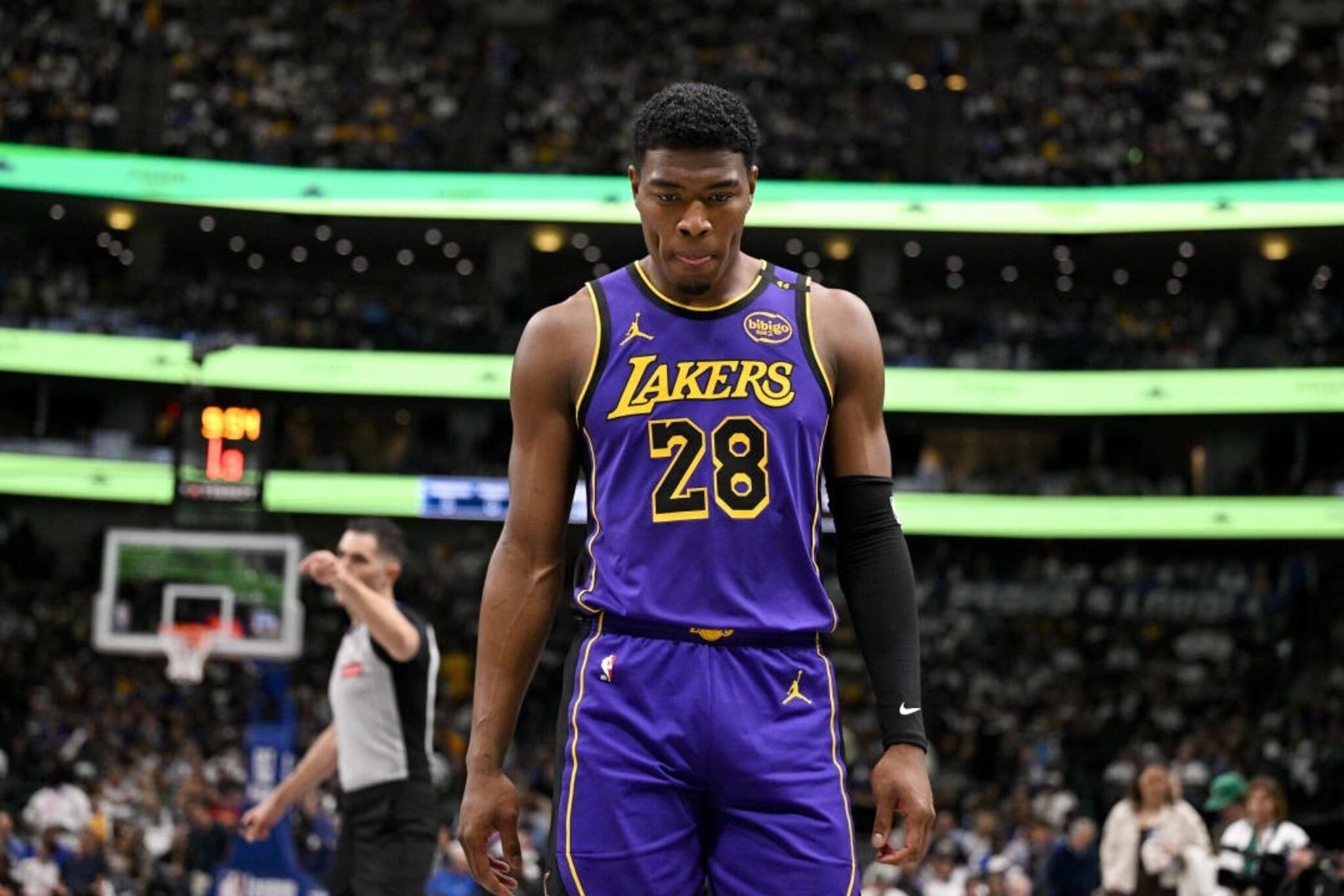 Apr 9, 2025; Dallas, Texas, USA; Los Angeles Lakers forward Rui Hachimura (28) during the game between the Dallas Mavericks and the Los Angeles Lakers at American Airlines Center. Mandatory Credit: Jerome Miron-Imagn Images