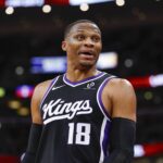 Sacramento Kings forward Russell Westbrook reacts during the first half of an NBA game against the Chicago Bulls at United Center.