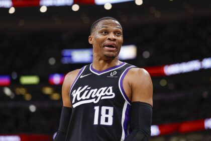 Sacramento Kings forward Russell Westbrook reacts during the first half of an NBA game against the Chicago Bulls at United Center.