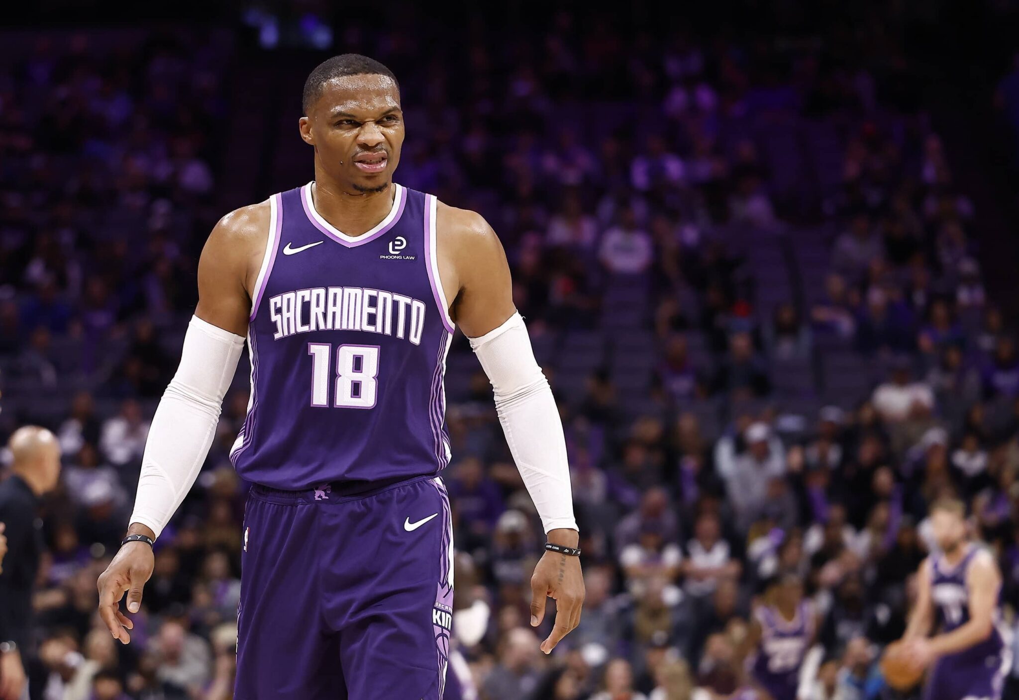 Sacramento Kings guard Russell Westbrook (18) after a play against the Atlanta Hawks during the third quarter at Golden 1 Center.