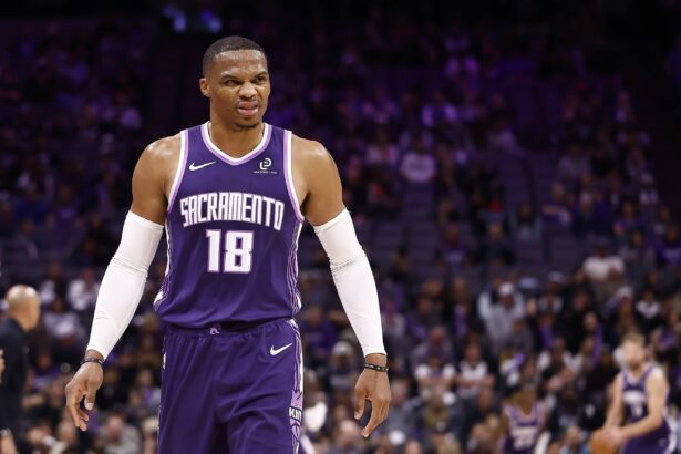 Sacramento Kings guard Russell Westbrook (18) after a play against the Atlanta Hawks during the third quarter at Golden 1 Center.