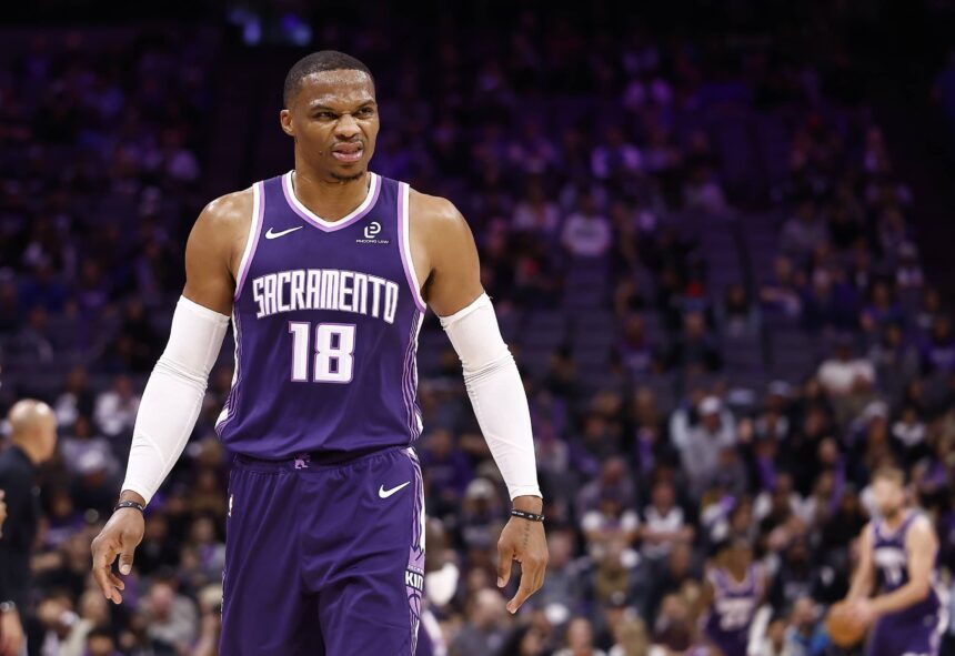 Sacramento Kings guard Russell Westbrook (18) after a play against the Atlanta Hawks during the third quarter at Golden 1 Center.