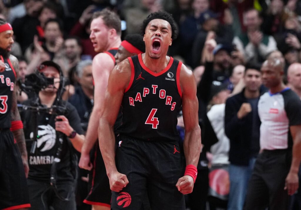 Toronto Raptors forward Scottie Barnes (4) celebrates the win against the Indiana Pacers at the end the fourth quarter at Scotiabank Arena.