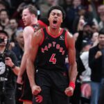 Toronto Raptors forward Scottie Barnes (4) celebrates the win against the Indiana Pacers at the end the fourth quarter at Scotiabank Arena.