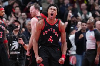Toronto Raptors forward Scottie Barnes (4) celebrates the win against the Indiana Pacers at the end the fourth quarter at Scotiabank Arena.
