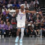 Nov 7, 2025; Sacramento, California, USA; Oklahoma City Thunder guard Shai Gilgeous-Alexander (2) directs teammates during action against the Sacramento Kings in the third quarter at the Golden 1 Center. Mandatory Credit: Cary Edmondson-Imagn Images