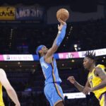 Apr 8, 2025; Oklahoma City, Oklahoma, USA; Oklahoma City Thunder guard Shai Gilgeous-Alexander (2) shoots over Los Angeles Lakers forward Dorian Finney-Smith (17) during the second half at Paycom Center. Mandatory Credit: Alonzo Adams-Imagn Images