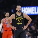 Nov 11, 2025; Oklahoma City, Oklahoma, USA; Golden State Warriors guard Stephen Curry (30) stands a play against the Oklahoma City Thunder during the second half at Paycom Center. Mandatory Credit: Alonzo Adams-Imagn Images