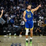 Nov 4, 2025; San Francisco, California, USA; Golden State Warriors guard Stephen Curry (30) celebrates a three point basket against the Phoenix Suns in the third quarter at Chase Center. Mandatory Credit: Eakin Howard-Imagn Images