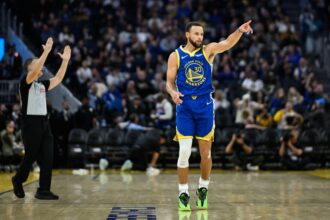 Nov 4, 2025; San Francisco, California, USA; Golden State Warriors guard Stephen Curry (30) celebrates a three point basket against the Phoenix Suns in the third quarter at Chase Center. Mandatory Credit: Eakin Howard-Imagn Images