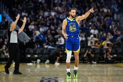 Nov 4, 2025; San Francisco, California, USA; Golden State Warriors guard Stephen Curry (30) celebrates a three point basket against the Phoenix Suns in the third quarter at Chase Center. Mandatory Credit: Eakin Howard-Imagn Images