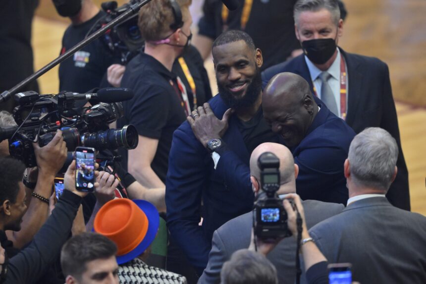 Feb 20, 2022; Cleveland, Ohio, USA; Lebron James and Michael Jordan on court during halftime during the 2022 NBA All-Star Game at Rocket Mortgage FieldHouse. Mandatory Credit: David Richard-USA TODAY Sports