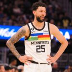 Feb 26, 2023; San Francisco, California, USA; Minnesota Timberwolves guard Austin Rivers (25) between plays against the Golden State Warriors during the fourth quarter at Chase Center. Mandatory Credit: Kelley L Cox-Imagn Images