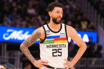 Feb 26, 2023; San Francisco, California, USA; Minnesota Timberwolves guard Austin Rivers (25) between plays against the Golden State Warriors during the fourth quarter at Chase Center. Mandatory Credit: Kelley L Cox-Imagn Images