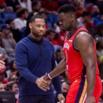 Apr 16, 2024; New Orleans, Louisiana, USA; New Orleans Pelicans forward Zion Williamson (1) reacts with New Orleans Pelicans head coach Willie Green on a time out in the first half against the Los Angeles Lakers during a play-in game of the 2024 NBA playoffs against the New Orleans Pelicans at Smoothie King Center. Mandatory Credit: Stephen Lew-USA TODAY Sports