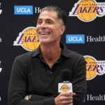 Sep 25, 2024; El Segundo, CA, USA; Los Angeles Lakers general manager Rob Pelinka at press conference at UCLA Health Training Center. Mandatory Credit: Kirby Lee-Imagn Images