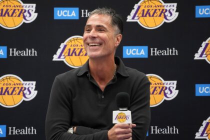 Sep 25, 2024; El Segundo, CA, USA; Los Angeles Lakers general manager Rob Pelinka at press conference at UCLA Health Training Center. Mandatory Credit: Kirby Lee-Imagn Images