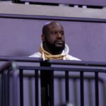 Jan 19, 2025; Gainesville, Florida, USA; Former NBA player Shaquille O'Neal sits courtside during the first half between the Florida Gators and the LSU Tigers at Exactech Arena at the Stephen C. O'Connell Center. Mandatory Credit: Matt Pendleton-Imagn Images