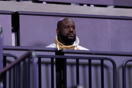 Jan 19, 2025; Gainesville, Florida, USA; Former NBA player Shaquille O'Neal sits courtside during the first half between the Florida Gators and the LSU Tigers at Exactech Arena at the Stephen C. O'Connell Center. Mandatory Credit: Matt Pendleton-Imagn Images