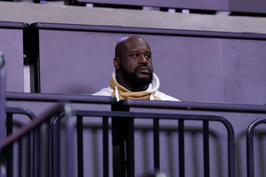 Jan 19, 2025; Gainesville, Florida, USA; Former NBA player Shaquille O'Neal sits courtside during the first half between the Florida Gators and the LSU Tigers at Exactech Arena at the Stephen C. O'Connell Center. Mandatory Credit: Matt Pendleton-Imagn Images