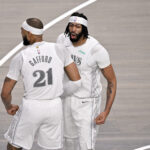 Feb 8, 2025; Dallas, Texas, USA; Dallas Mavericks forward Anthony Davis (3) and center Daniel Gafford (21) celebrates after Davis dunks the ball during the game between the Dallas Mavericks and the Houston Rockets at the American Airlines Center. Mandatory Credit: Jerome Miron-Imagn Images