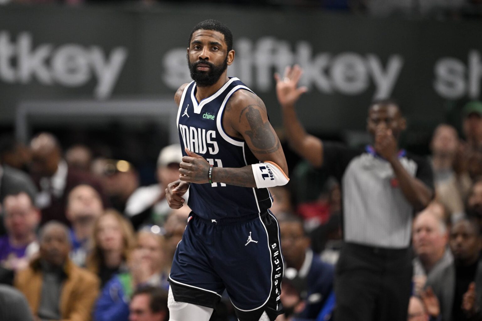 Feb 12, 2025; Dallas, Texas, USA; Dallas Mavericks guard Kyrie Irving (11) smiles after he makes a basket against the Golden State Warriors during the second quarter at the American Airlines Center. Mandatory Credit: Jerome Miron-Imagn Images