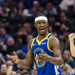 Feb 23, 2025; San Francisco, California, USA; Golden State Warriors forward Jimmy Butler III (10) reacts during the third quarter of the game against the Dallas Mavericks at Chase Center. Mandatory Credit: John Hefti-Imagn Images