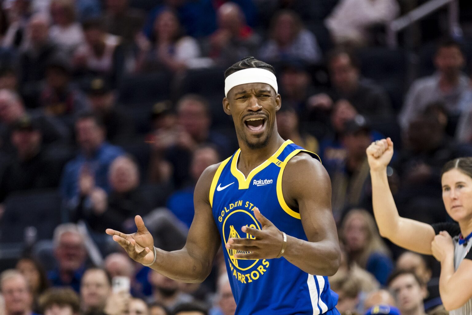 Feb 23, 2025; San Francisco, California, USA; Golden State Warriors forward Jimmy Butler III (10) reacts during the third quarter of the game against the Dallas Mavericks at Chase Center. Mandatory Credit: John Hefti-Imagn Images