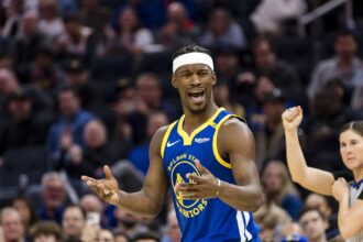 Feb 23, 2025; San Francisco, California, USA; Golden State Warriors forward Jimmy Butler III (10) reacts during the third quarter of the game against the Dallas Mavericks at Chase Center. Mandatory Credit: John Hefti-Imagn Images