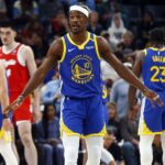 Apr 1, 2025; Memphis, Tennessee, USA; Golden State Warriors forward Jimmy Butler III (10) reacts during the first quarter against the Memphis Grizzlies at FedExForum. Mandatory Credit: Petre Thomas-Imagn Images