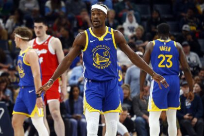 Apr 1, 2025; Memphis, Tennessee, USA; Golden State Warriors forward Jimmy Butler III (10) reacts during the first quarter against the Memphis Grizzlies at FedExForum. Mandatory Credit: Petre Thomas-Imagn Images