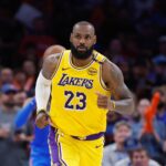 Apr 8, 2025; Oklahoma City, Oklahoma, USA; Los Angeles Lakers forward LeBron James (23) runs down the court after a play against the Oklahoma City Thunder during the second half at Paycom Center. Mandatory Credit: Alonzo Adams-Imagn Images