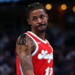 Memphis Grizzlies guard Ja Morant (12) looks on during the fourth quarter against the Golden State Warriors at FedExForum.