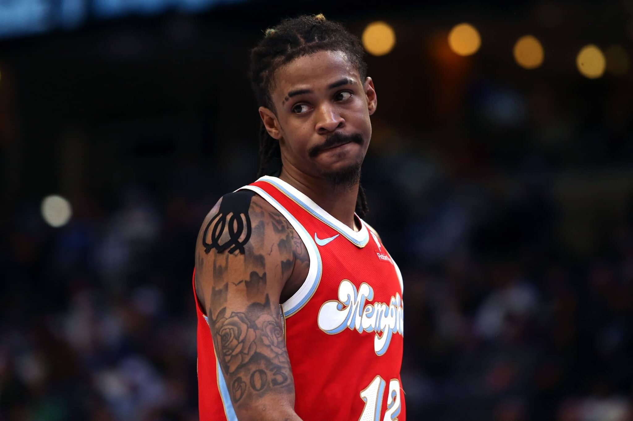 Memphis Grizzlies guard Ja Morant (12) looks on during the fourth quarter against the Golden State Warriors at FedExForum.