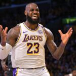 Apr 19, 2025; Los Angeles, California, USA; Los Angeles Lakers forward LeBron James (23) reacts after missing a pass in the first quarter against the Minnesota Timberwolves at Crypto.com Arena. Mandatory Credit: Jayne Kamin-Oncea-Imagn Images