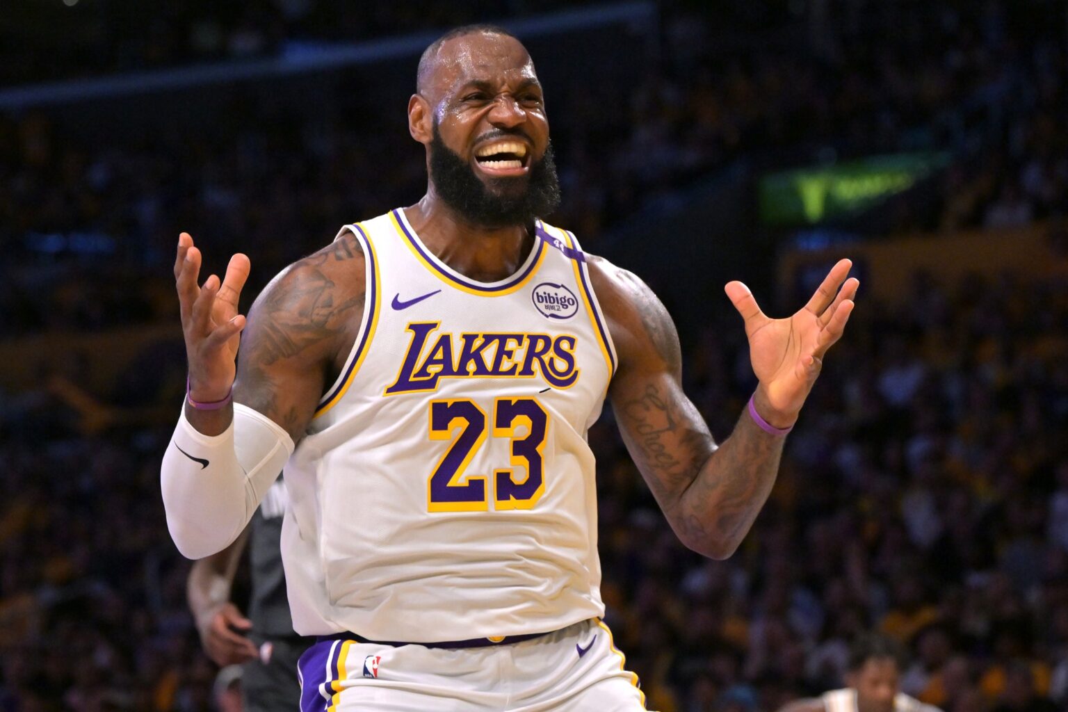 Apr 19, 2025; Los Angeles, California, USA; Los Angeles Lakers forward LeBron James (23) reacts after missing a pass in the first quarter against the Minnesota Timberwolves at Crypto.com Arena. Mandatory Credit: Jayne Kamin-Oncea-Imagn Images