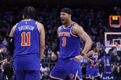 May 1, 2025; Detroit, Michigan, USA; New York Knicks guard Jalen Brunson (11) and guard Josh Hart (3) celebrate after defeating the Detroit Pistons during game six of first round for the 2024 NBA Playoffs at Little Caesars Arena. Mandatory Credit: Rick Osentoski-Imagn Images