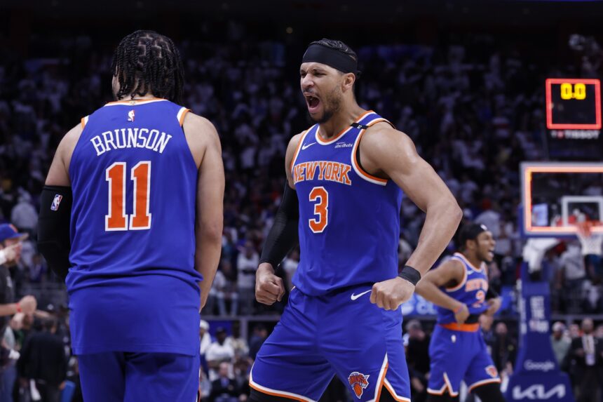 May 1, 2025; Detroit, Michigan, USA; New York Knicks guard Jalen Brunson (11) and guard Josh Hart (3) celebrate after defeating the Detroit Pistons during game six of first round for the 2024 NBA Playoffs at Little Caesars Arena. Mandatory Credit: Rick Osentoski-Imagn Images