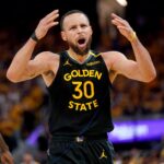 May 2, 2025; San Francisco, California, USA; Golden State Warriors guard Stephen Curry (30) reacts after being fouled against the Houston Rockets in the third quarter of game six of the first round for the 2025 NBA Playoffs at Chase Center. Mandatory Credit: Cary Edmondson-Imagn Images