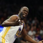 Apr 8, 2025; Phoenix, Arizona, USA; Golden State Warriors forward Draymond Green (23) reacts against the Phoenix Suns at Footprint Center. Mandatory Credit: Mark J. Rebilas-Imagn Images