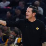 Oct 5, 2025; San Francisco, California, USA; Los Angeles Lakers head coach JJ Redick coaches his team against the Golden State Warriors in the first quarter at Chase Center. Mandatory Credit: David Gonzales-Imagn Images