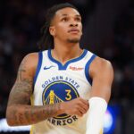 Oct 5, 2025; San Francisco, California, USA; Golden State Warriors guard Will Richard (3) waits for play to resume against the Los Angeles Lakers in the third quarter at Chase Center. Mandatory Credit: David Gonzales-Imagn Images