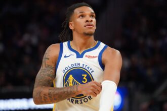 Oct 5, 2025; San Francisco, California, USA; Golden State Warriors guard Will Richard (3) waits for play to resume against the Los Angeles Lakers in the third quarter at Chase Center. Mandatory Credit: David Gonzales-Imagn Images