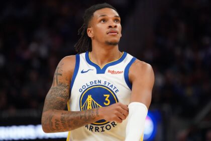 Oct 5, 2025; San Francisco, California, USA; Golden State Warriors guard Will Richard (3) waits for play to resume against the Los Angeles Lakers in the third quarter at Chase Center. Mandatory Credit: David Gonzales-Imagn Images