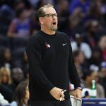 Oct 10, 2025; Philadelphia, Pennsylvania, USA; Philadelphia 76ers Head Coach Nick Nurse reacts to a play against the Orlando Magic during the third quarter at Xfinity Mobile Arena. Mandatory Credit: Bill Streicher-Imagn Images
