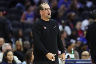 Oct 10, 2025; Philadelphia, Pennsylvania, USA; Philadelphia 76ers Head Coach Nick Nurse reacts to a play against the Orlando Magic during the third quarter at Xfinity Mobile Arena. Mandatory Credit: Bill Streicher-Imagn Images