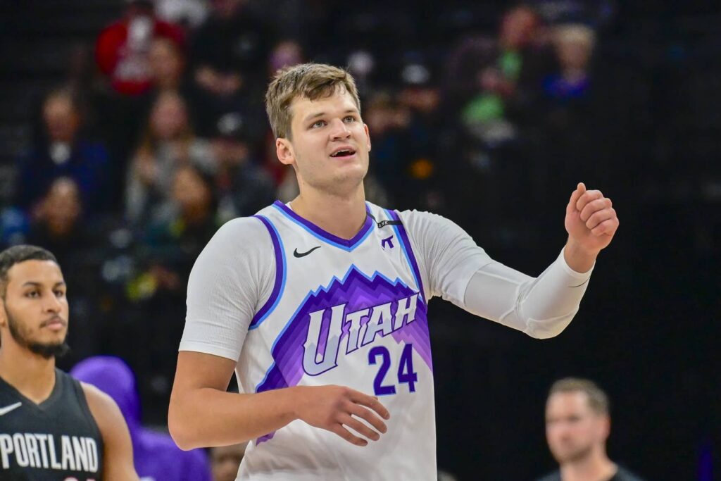 Oct 16, 2025; Salt Lake City, Utah, USA; Utah Jazz center Walker Kessler (24) smiles after making a great play during the first half against the Portland Trail Blazers at Delta Center. Mandatory Credit: Peter Creveling-Imagn Images