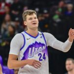 Oct 16, 2025; Salt Lake City, Utah, USA; Utah Jazz center Walker Kessler (24) smiles after making a great play during the first half against the Portland Trail Blazers at Delta Center. Mandatory Credit: Peter Creveling-Imagn Images