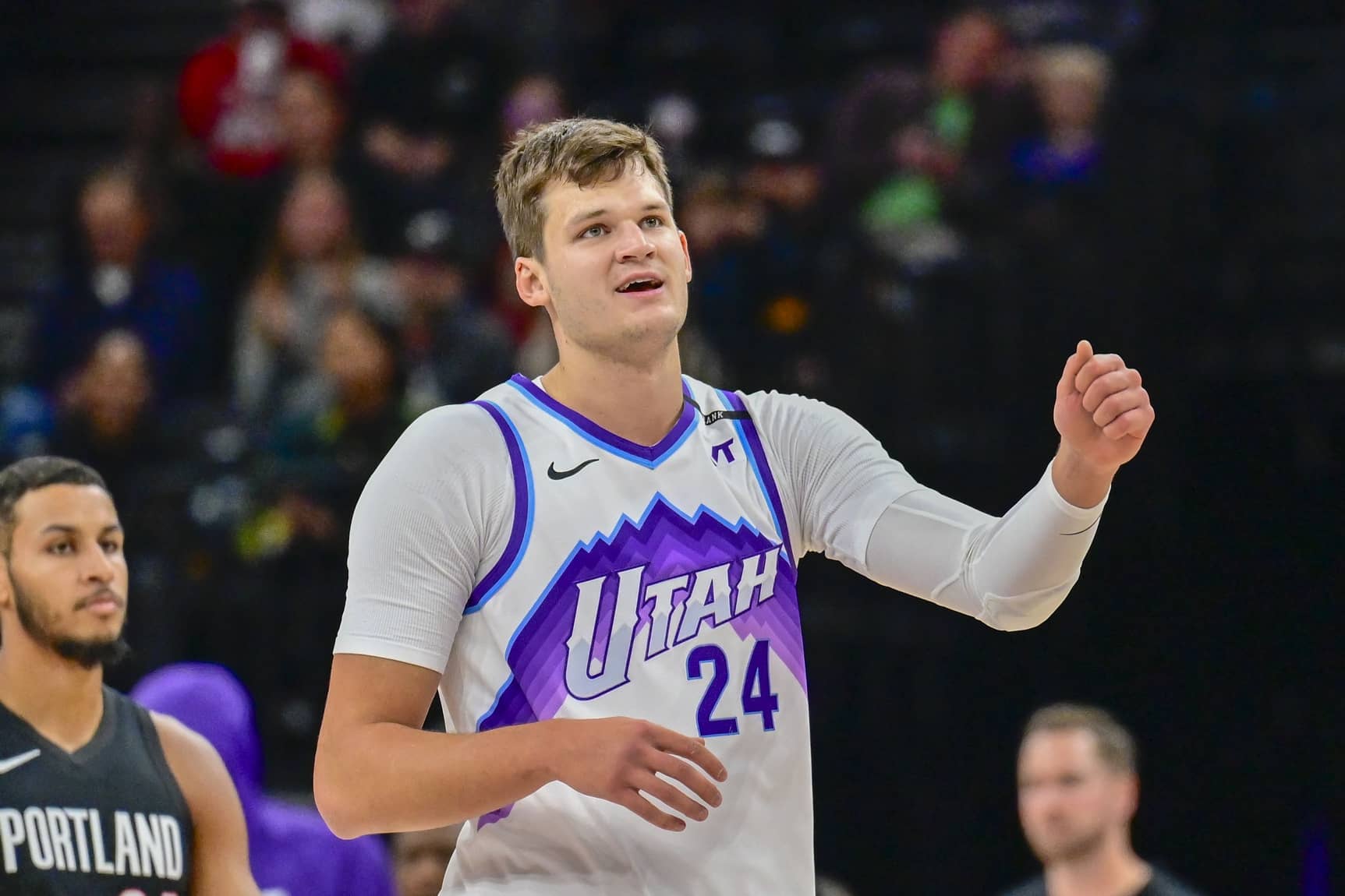 Oct 16, 2025; Salt Lake City, Utah, USA; Utah Jazz center Walker Kessler (24) smiles after making a great play during the first half against the Portland Trail Blazers at Delta Center. Mandatory Credit: Peter Creveling-Imagn Images