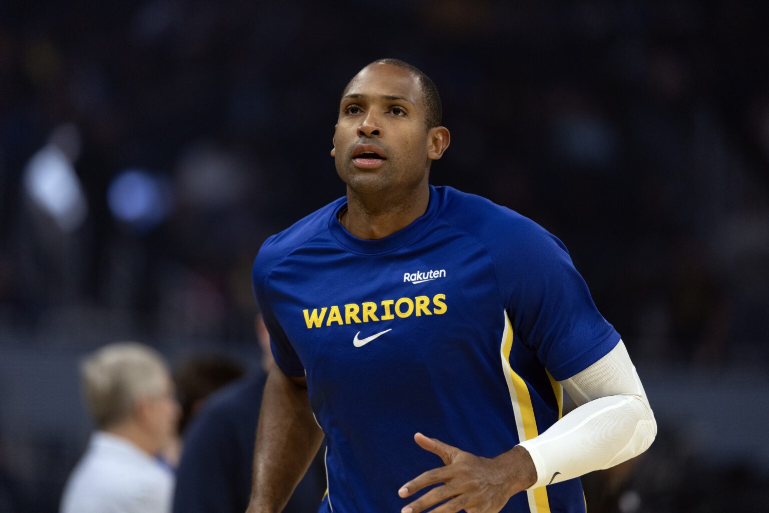 Oct 17, 2025; San Francisco, California, USA; Golden State Warriors center Al Horford warms up before facing the Los Angeles Clippers at Chase Center. Mandatory Credit: D. Ross Cameron-Imagn Images